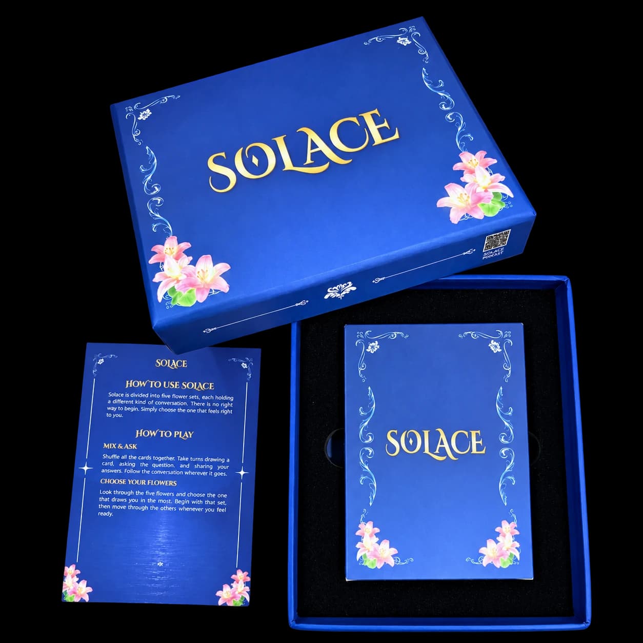 SOLACE conversation card deck with its blue box and instruction card