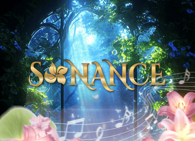 Sonance artwork with a golden title in a glowing flower garden