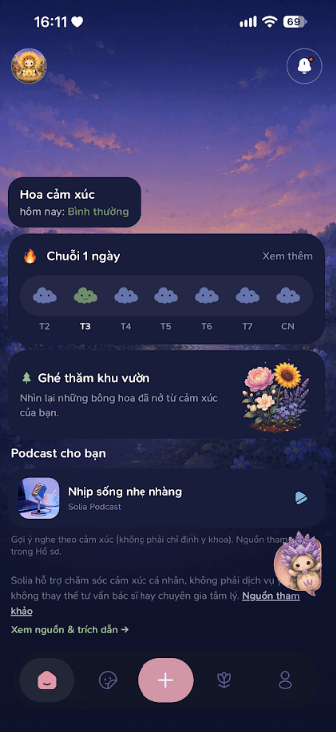 Solia app showing mood check-ins, a flower garden, and podcasts